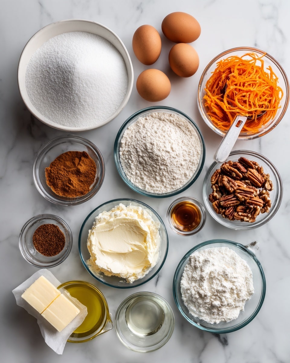 The image shows a white marbled surface with several clear glass bowls and cups arranged neatly, each filled with different baking ingredients. At the top left is a large bowl full of white granulated sugar, beside it a bowl with four brown eggs. To the right side, a measuring cup is filled with shredded orange carrots, and nearby two smaller bowls hold brown spices and chopped pecans. In the center are three more bowls with white flour, white powdered sugar, and cream cheese with a soft texture. A stick of butter wrapped in paper lies in front of these bowls. Smaller glass cups contain vanilla extract, salt, baking soda, and apple cider vinegar. A measuring cup with light yellow oil is placed on the lower left side. The layout is clean and arranged on the white marbled surface. photo taken with an iphone --ar 4:5 --v 7