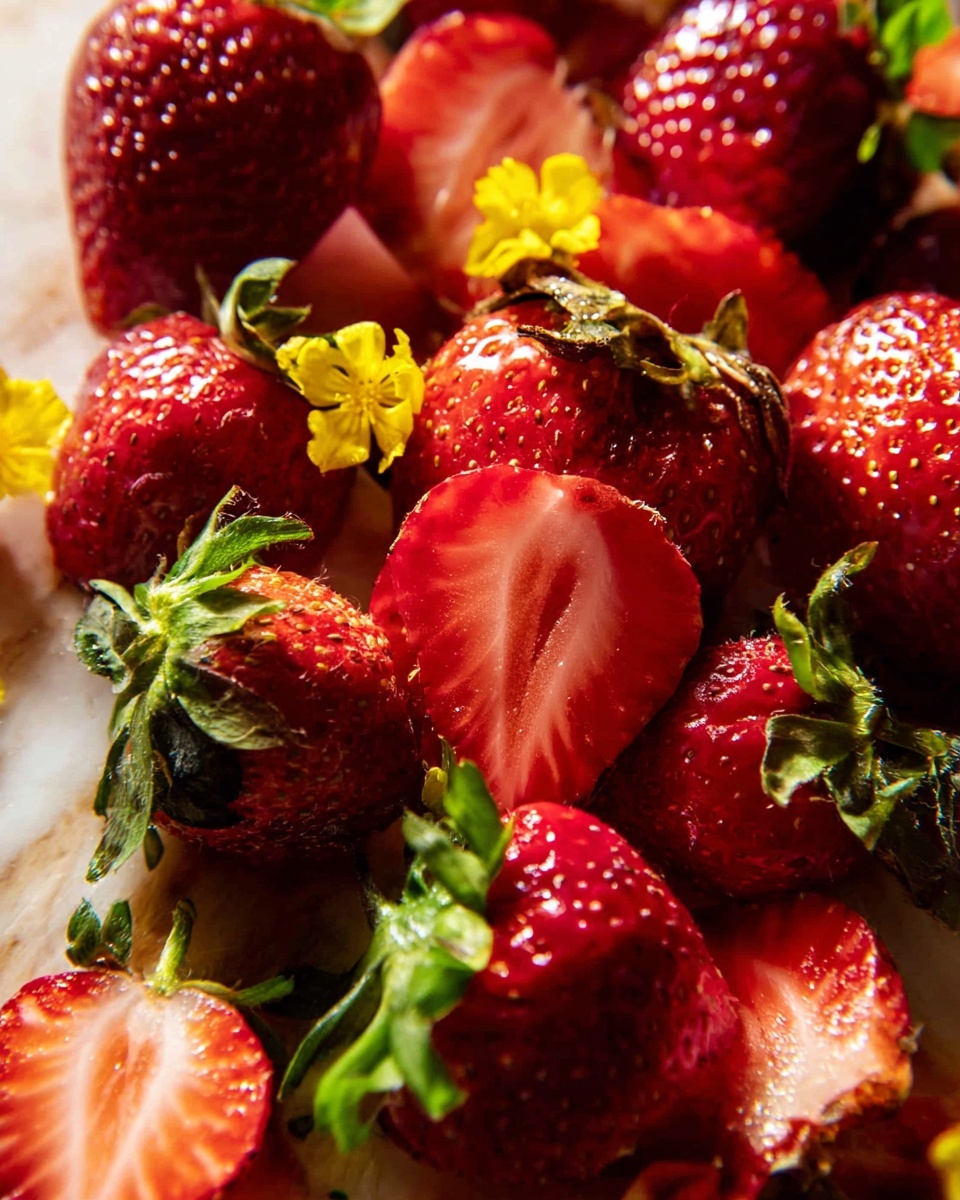 A close-up view of several fresh strawberries, whole and sliced, arranged in a natural pile with green leaves still attached. Bright red strawberries with tiny yellow seeds cover the image, some cut to reveal the juicy, lighter red inside. Small yellow flowers are scattered throughout, adding contrast and freshness. The strawberries are shown resting on a white marbled surface, emphasizing their vibrant colors and natural texture. The soft natural light highlights the shine on the strawberries, making them look ripe and fresh. Photo taken with an iphone --ar 4:5 --v 7