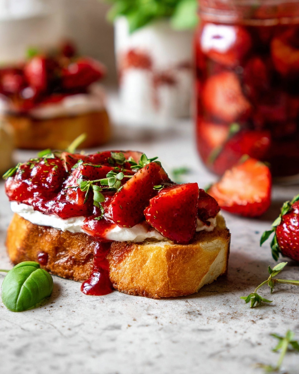 A close-up of a toasted slice of bread with three layers: the bottom layer is golden brown and crispy, the middle layer is smooth and white cream, and the top layer has bright red, glossy pieces of strawberries covered in a shiny strawberry sauce dripping down the side. Fresh green basil leaves and small green herbs are scattered on top and around the bread. In the background, part of a white jar filled with strawberry pieces and sauce can be seen, all placed on a white marbled surface. Photo taken with an iphone --ar 4:5 --v 7