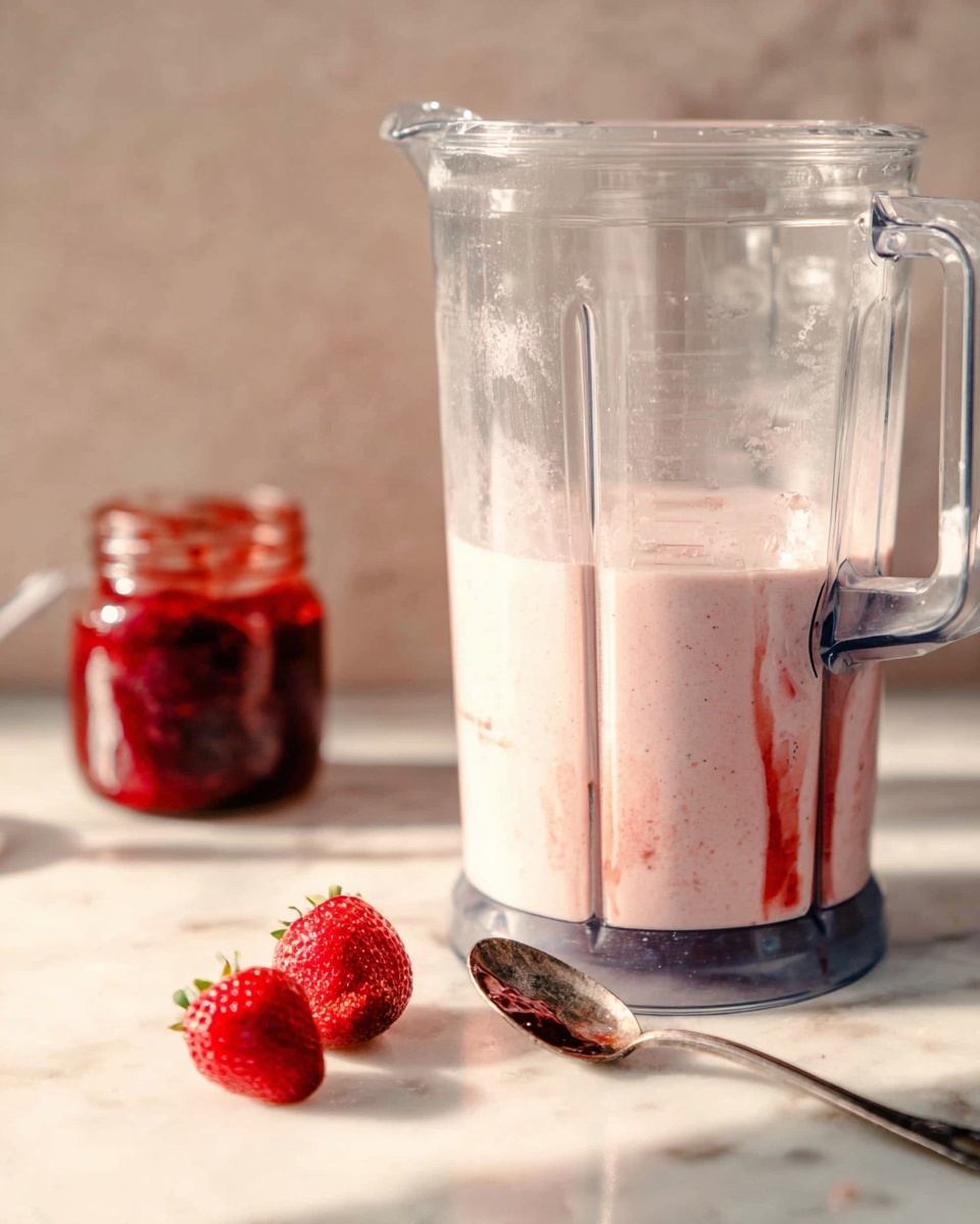 A clear blender container shows a creamy pink smoothie inside with visible red streaks along the bottom edges, indicating mixed fruit or jam. To the left on the white marbled surface, there are two fresh, bright red strawberries and an open small glass jar filled with red jam behind a tarnished silver spoon that has some jam residue on it. The background is softly blurred, emphasizing the blender and the fruits in the front, with natural light shining gently to create soft shadows. Photo taken with an iphone --ar 4:5 --v 7