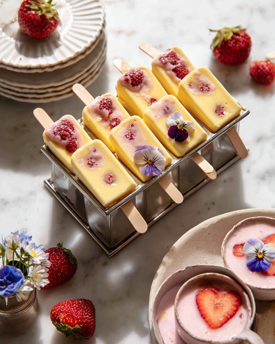 A metal stand holds six rectangular popsicles, each with a smooth, yellow base layer topped with dollops of light pink creamy sauce. On the surface of some popsicles are frozen raspberries, and others have frozen strawberry slices applied beside the small wooden stick handles. Around the stand, there are three fresh strawberries placed on a white marbled surface, a white plate with stacked scalloped edges holding a small pot of blue and yellow edible flowers, and a round cup with a pink batter and a frozen strawberry slice inside it. The scene is bright and fresh, showing a mix of soft and firm textures on a light, clean background. Photo taken with an iphone --ar 4:5 --v 7