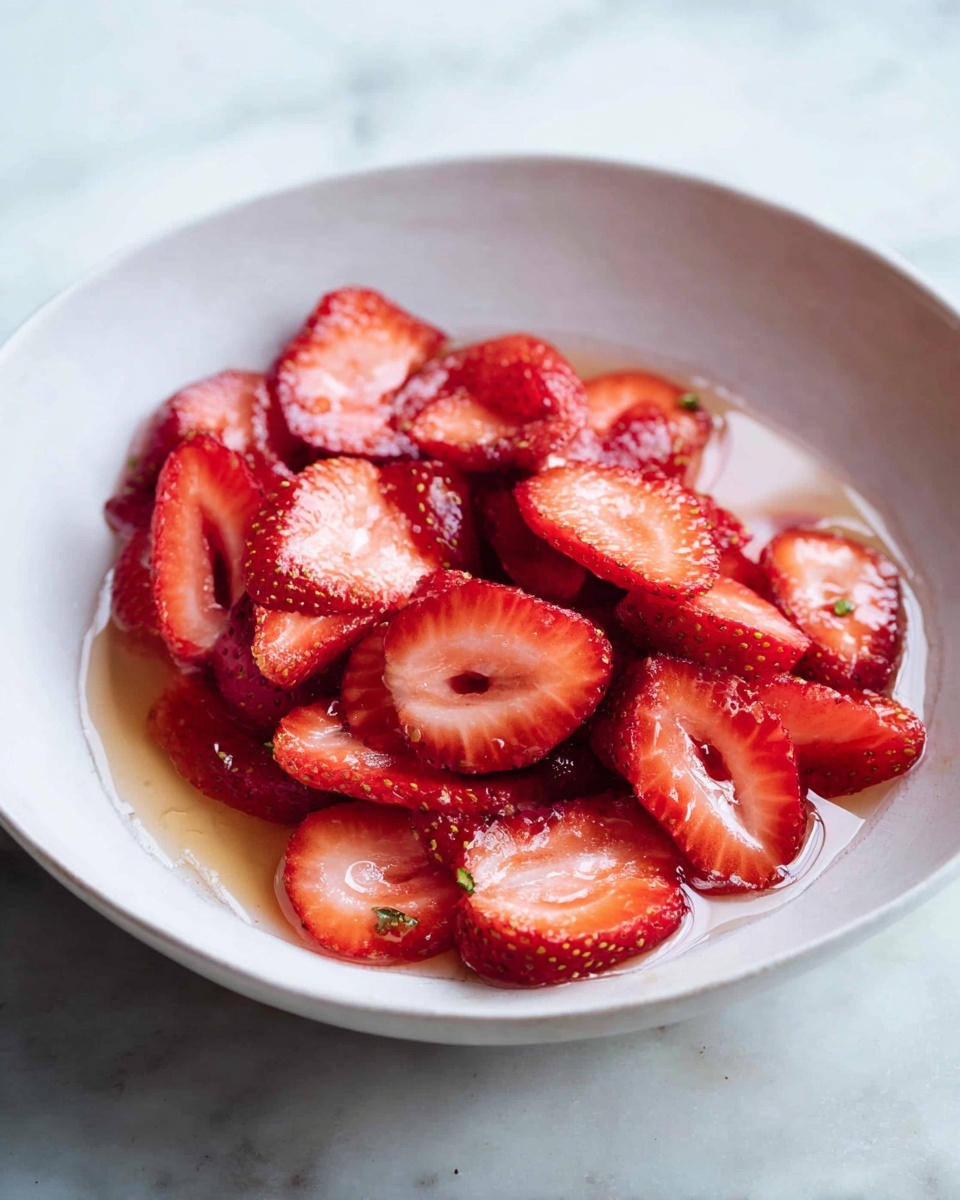 A shallow white bowl holds a single layer of sliced strawberries, arranged in a loose pile covering most of the bowl's bottom. The strawberries are bright red with a glossy texture, showing their juicy flesh and some seeds on the edges. A light syrup pools around the fruit, adding a shiny look and soft reflections. The bowl rests on a white marbled surface, which gives a clean and fresh background. Photo taken with an iphone --ar 4:5 --v 7