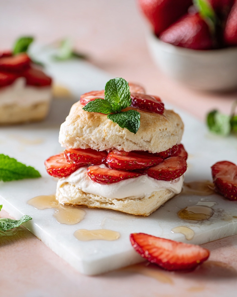 The image shows a white square biscuit split into two layers, placed on a white marbled surface. The bottom layer of the biscuit is topped with a dollop of creamy white filling, and on top of that are thin, round slices of bright red strawberries neatly arranged. A few fresh green mint leaves are placed on top as a garnish, adding a pop of color. There is a light drizzle of syrup around the biscuit on the marbled surface, with extra strawberry slices and mint leaves scattered nearby. In the background, there is a blurred bowl of whole red strawberries. photo taken with an iphone --ar 4:5 --v 7