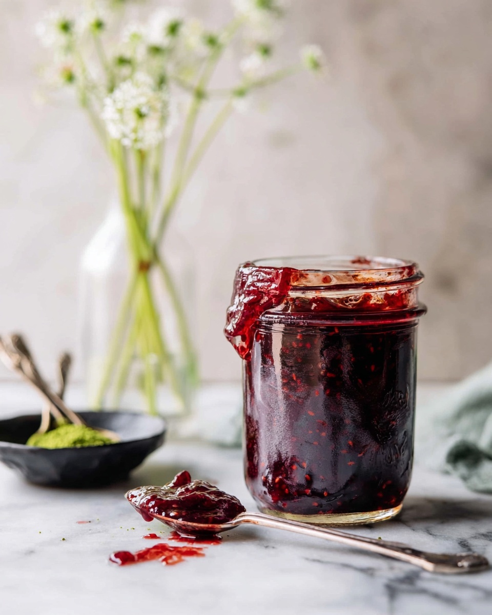 A clear glass jar filled almost to the top with thick, dark red jam with visible seeds and fruit pieces, some jam smeared around the jar’s rim; in front lies a silver spoon with jam on it and a small dollop of jam on the white marbled surface; in the background, a clear glass jar contains tall green stems with small white flowers, and a black dish holds green powder with a small spoon resting in it, all set on a white marbled surface with a soft, light background; photo taken with an iphone --ar 4:5 --v 7