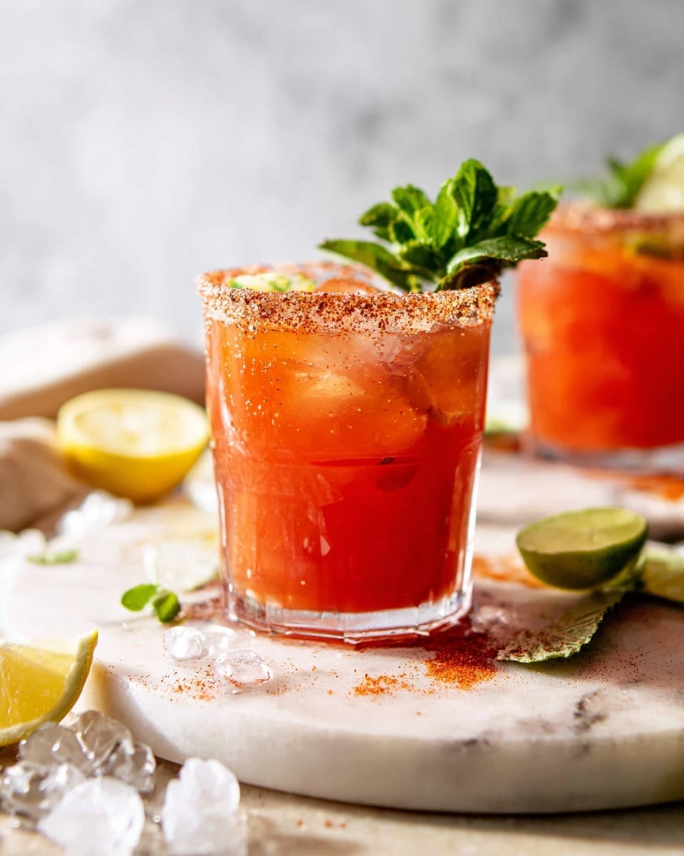 The image shows a close-up of a red-orange drink served in a clear glass with a light texture pattern, filled with ice cubes and a few slices of fruit inside. The glass rim is coated with coarse reddish seasoning and some salt. A sprig of green mint leaves stands upright in the glass near the rim. The glass sits on a round, white marbled board with visible stones inside. Around the base of the glass are scattered ice cubes, a lemon wedge on the left, and some lime wedges on the right dusted with the same reddish seasoning. In the background, there is a second, slightly blurred glass with a similar drink and garnish. The scene is on a white marbled surface with soft natural light. photo taken with an iphone --ar 4:5 --v 7