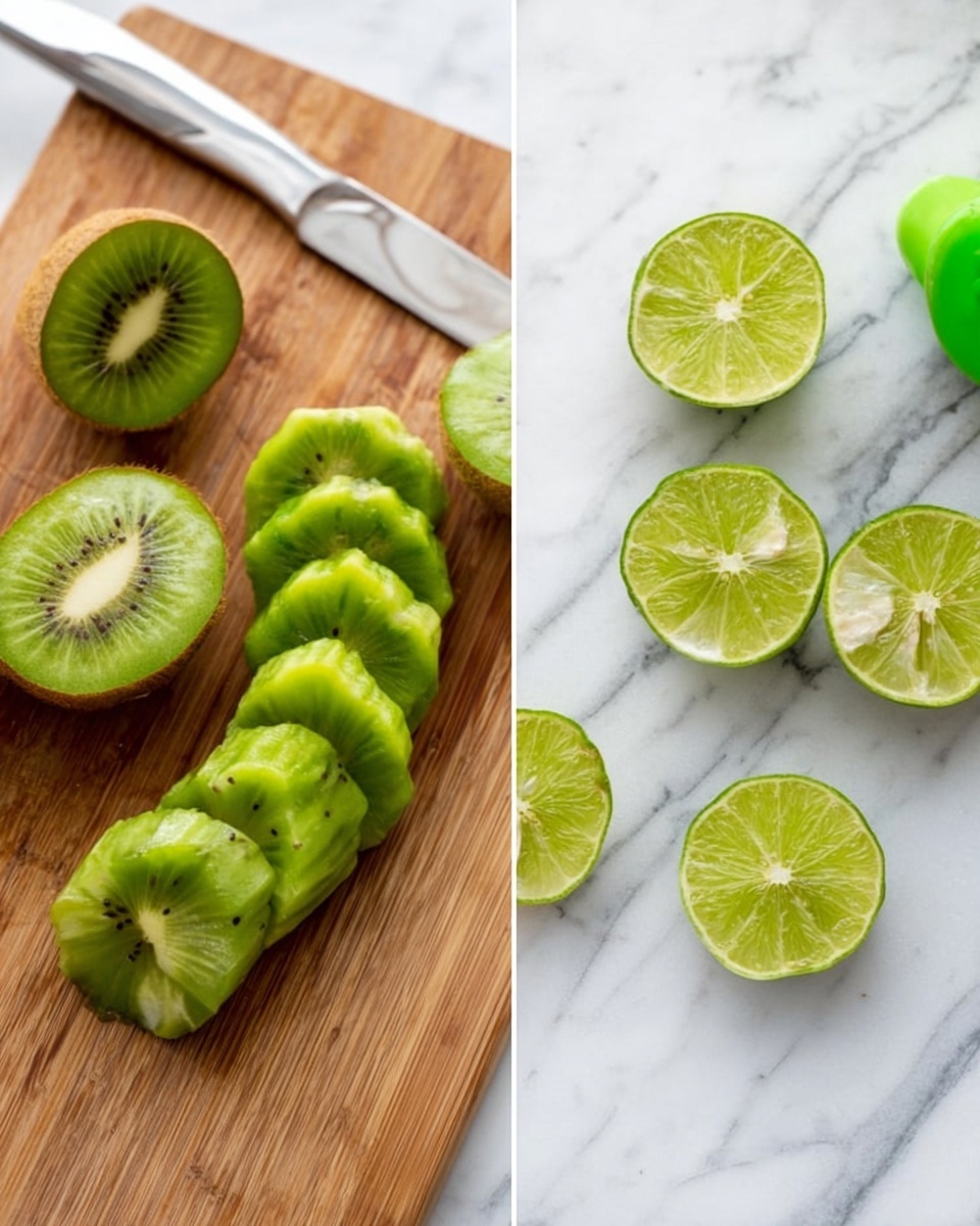 The image shows two side-by-side scenes on a white marbled surface. On the left side, there is a wooden board with two peeled green kiwis, one whole and one sliced into thin round pieces arranged neatly in a row. A shiny knife with a silver blade lies on the marbled surface next to the board. On the right side, there are seven lime halves placed randomly on the white marbled surface, showing their bright green juicy interior with seeds visible. A part of a green lime squeezer is seen in the upper right corner. The colors focus on shades of green in the fruits, brown from the wooden board, and the clean white marble underneath. photo taken with an iphone --ar 4:5 --v 7