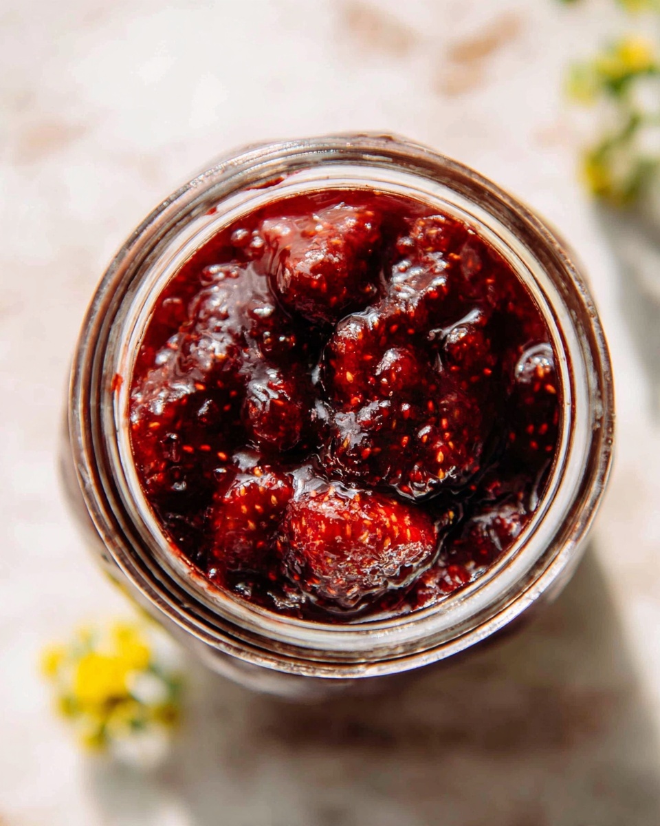 A close-up top view of a glass jar filled with thick, dark red strawberry jam showing whole and chunky pieces of strawberries immersed in a shiny, dense syrup with visible strawberry seeds. The jar is placed on a white marbled surface with soft natural lighting and a blurred small green and yellow flower in the background. photo taken with an iphone --ar 4:5 --v 7