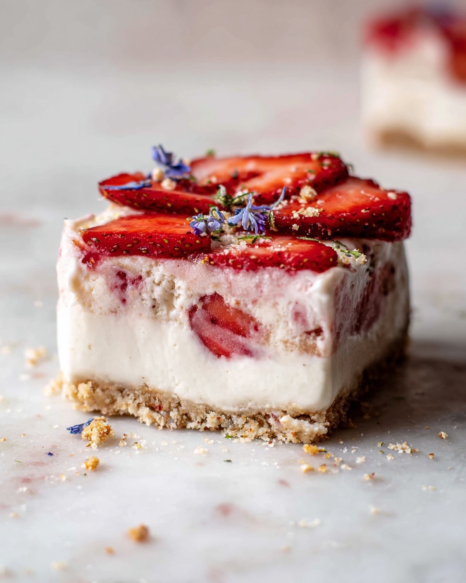 A square slice of layered dessert sits on a white marbled surface. The bottom layer is a crumbly light brown crust with a rough texture. Above it, there is a thick creamy white layer, smooth and soft. The middle layer is fluffy, light beige with small red strawberry pieces embedded inside. The top layer consists of several thin, bright red strawberry slices arranged flat, with tiny blue edible flowers and scattered crumbs adding delicate decoration. The dessert looks soft and slightly melting at the edges. Photo taken with an iphone --ar 4:5 --v 7