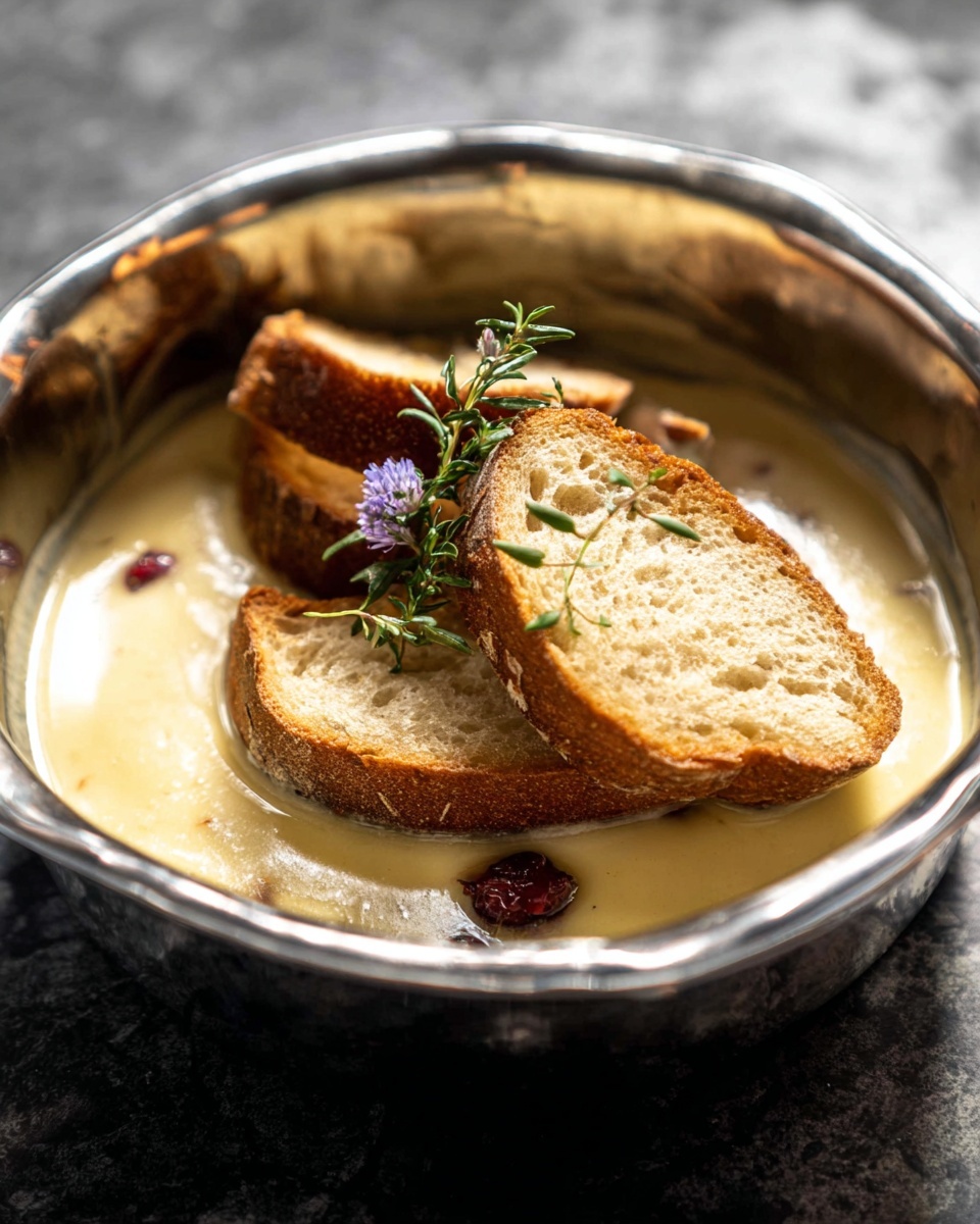 In a silver bowl, there are three pieces of thick brown bread with a soft, light yellow inside. The bread sits partly in a creamy pale yellow sauce. On the top piece of bread, there is a small green sprig with a tiny purple flower bud. The bowl rests on a dark surface but the background is changed to a white marbled texture. Photo taken with an iphone --ar 4:5 --v 7