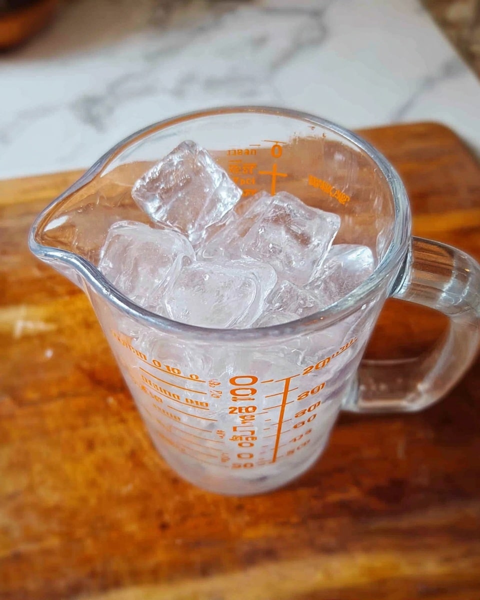 A clear glass measuring cup filled almost to the top with transparent ice cubes and water, showing orange measurement markings from 2 oz up to 8 oz on the side, placed on a wooden board with a blurred white marbled background. photo taken with an iphone --ar 4:5 --v 7