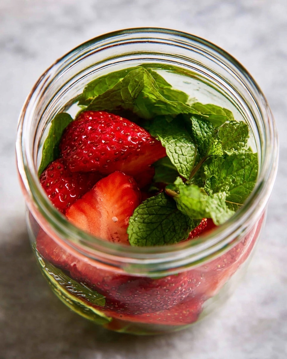 Inside a clear glass jar, there are two main layers: the bottom layer is made of fresh, green mint leaves with a smooth, leafy texture, and on top of that are bright red, sliced strawberries with seeds visible on their surface. The strawberries are arranged loosely, showing their juicy, shiny texture. The jar rests on a white marbled surface, enhancing the fresh colors of the fruit and leaves. photo taken with an iphone --ar 4:5 --v 7
