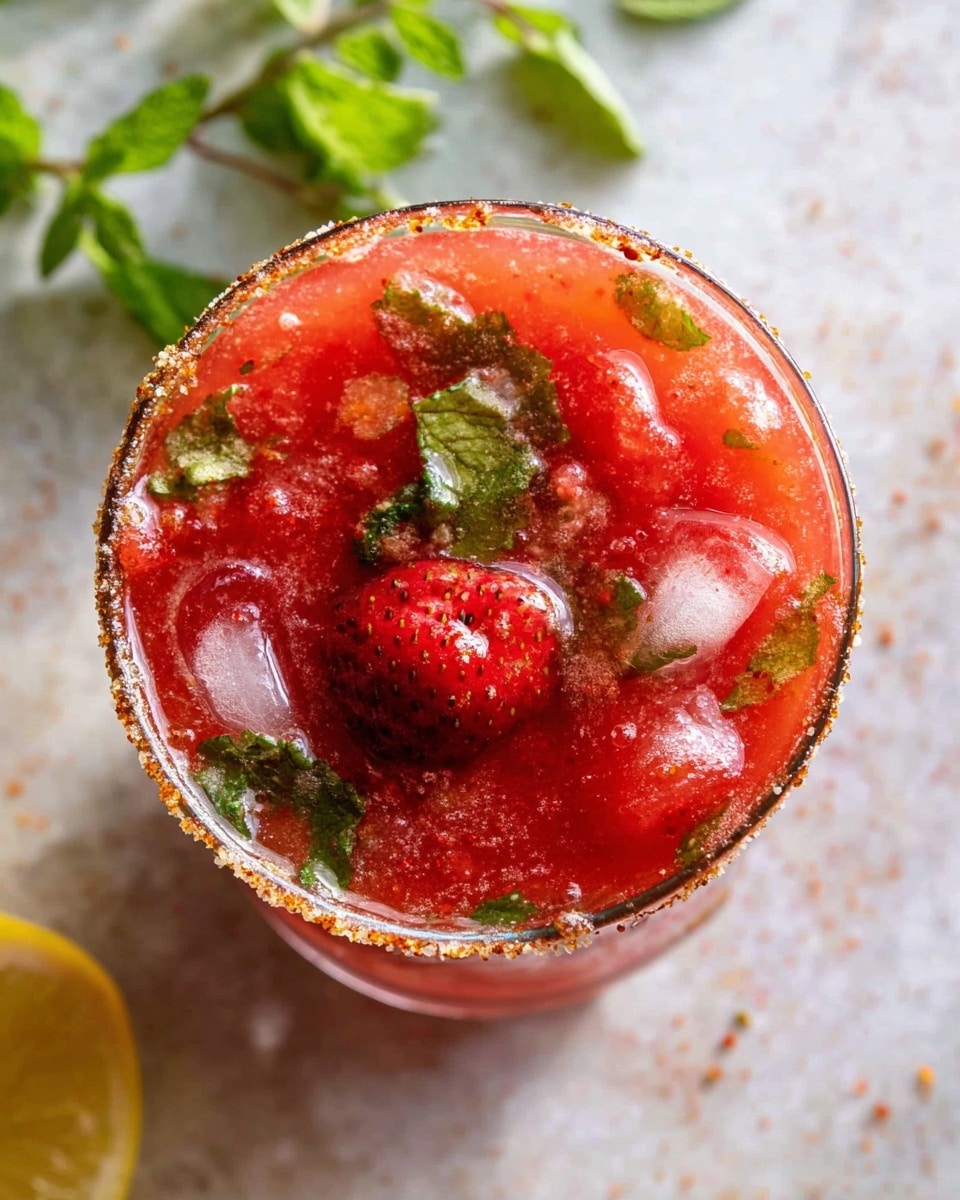 A close-up top view of a glass filled with a bright red drink that has a thick, slushy texture with ice cubes and fresh whole strawberries inside, and green mint leaves scattered in the mix. The rim of the glass is coated with a mix of salt and chili powder, adding texture and color contrast to the edge. The background is a white marbled surface with some green mint leaves and a lemon wedge partially visible near the bottom and left sides of the image. photo taken with an iphone --ar 4:5 --v 7