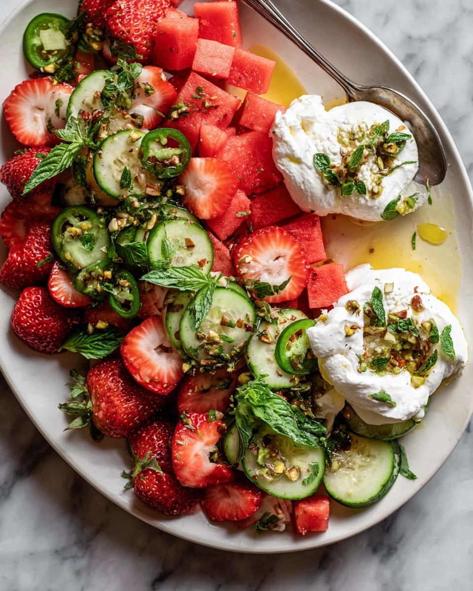A white plate holds a colorful salad with four main layers arranged side by side: bright red watermelon cubes, sliced red strawberries both whole and halved, thin round light green cucumber slices mixed with sliced green jalapeños, and a creamy white cheese in two dollops—one near the center and one off to the side with a silver spoon. The cheese is topped with green herbs and crushed nuts, with small pools of golden oil drizzled across the plate. Fresh green mint and basil leaves are scattered throughout, adding a fresh touch. This is all set on a white marbled surface. photo taken with an iphone --ar 4:5 --v 7
