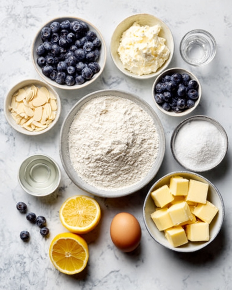The image shows various baking ingredients neatly arranged on a white marbled surface. There is a large bowl of white flour in the center, surrounded by smaller white bowls containing white sugar, cream cheese, and slivered almonds. A bowl of fresh blueberries adds a deep blue color near the top left. A small glass of clear liquid and a bowl of white granulated salt are also present. Two halves of a bright orange lemon lie on the right, adding a splash of vibrant orange. Additionally, there is one brown egg near the bottom right, and several small cubes of yellow butter are sitting in another white bowl near the top right. The photo taken with an iphone --ar 4:5 --v 7