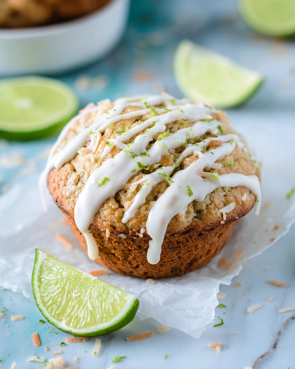 A single muffin sits on a piece of white parchment paper on a white marbled surface. The muffin has a golden-brown top with a rough texture and is drizzled with thick white icing spread in three uneven stripes across its top. Small shreds of white coconut and tiny specks of green lime zest are scattered over the icing, adding extra texture and color. Around the muffin are two lime slices, light green and slightly translucent, placed on the white marbled surface. In the blurred background, part of another muffin is visible inside a white bowl, adding depth to the scene. Photo taken with an iphone --ar 4:5 --v 7