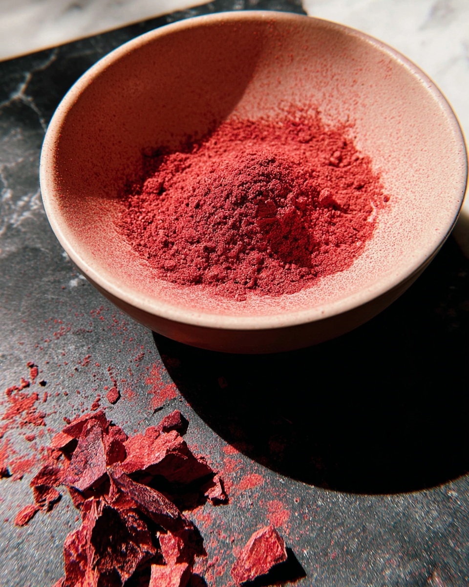 A close-up image of a beige bowl filled with a fine, bright red powder. The powder forms a small mound in the center of the bowl, with some larger pieces of the same red substance scattered around the edges inside the bowl. Outside the bowl, on the dark surface, there are several broken pieces of the reddish material spread nearby. The bowl sits on a white marbled surface with bright natural light casting shadows around it. photo taken with an iphone --ar 4:5 --v 7