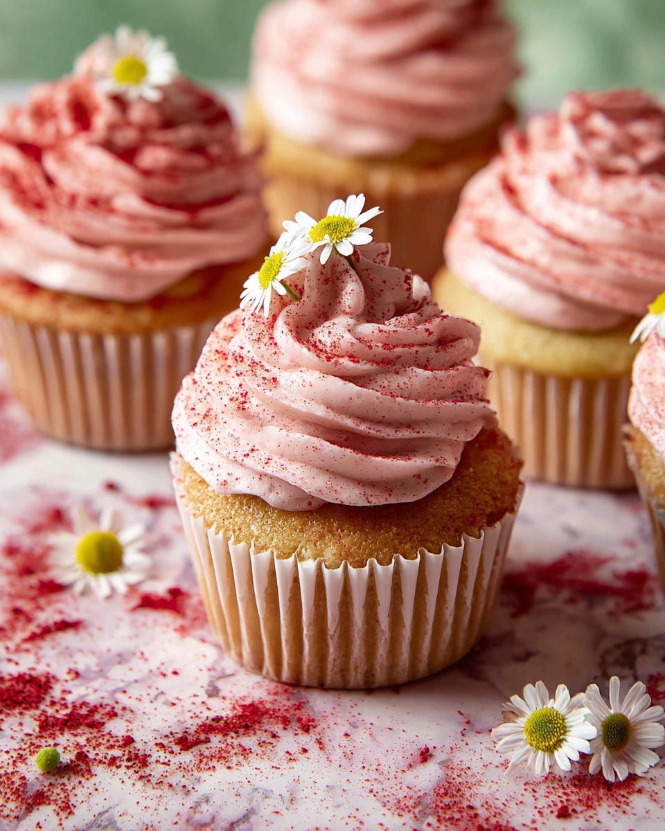 This image shows several cupcakes with two main layers. The bottom layer is a golden brown cake in white paper liners, with a soft texture. The top layer is a tall swirl of light pink frosting, smooth and creamy, decorated with a dusting of red powder and small white daisy flowers with yellow centers placed on top. The cupcakes sit on a surface with scattered red crumbs and small white flowers, all against a white marbled background. photo taken with an iphone --ar 4:5 --v 7