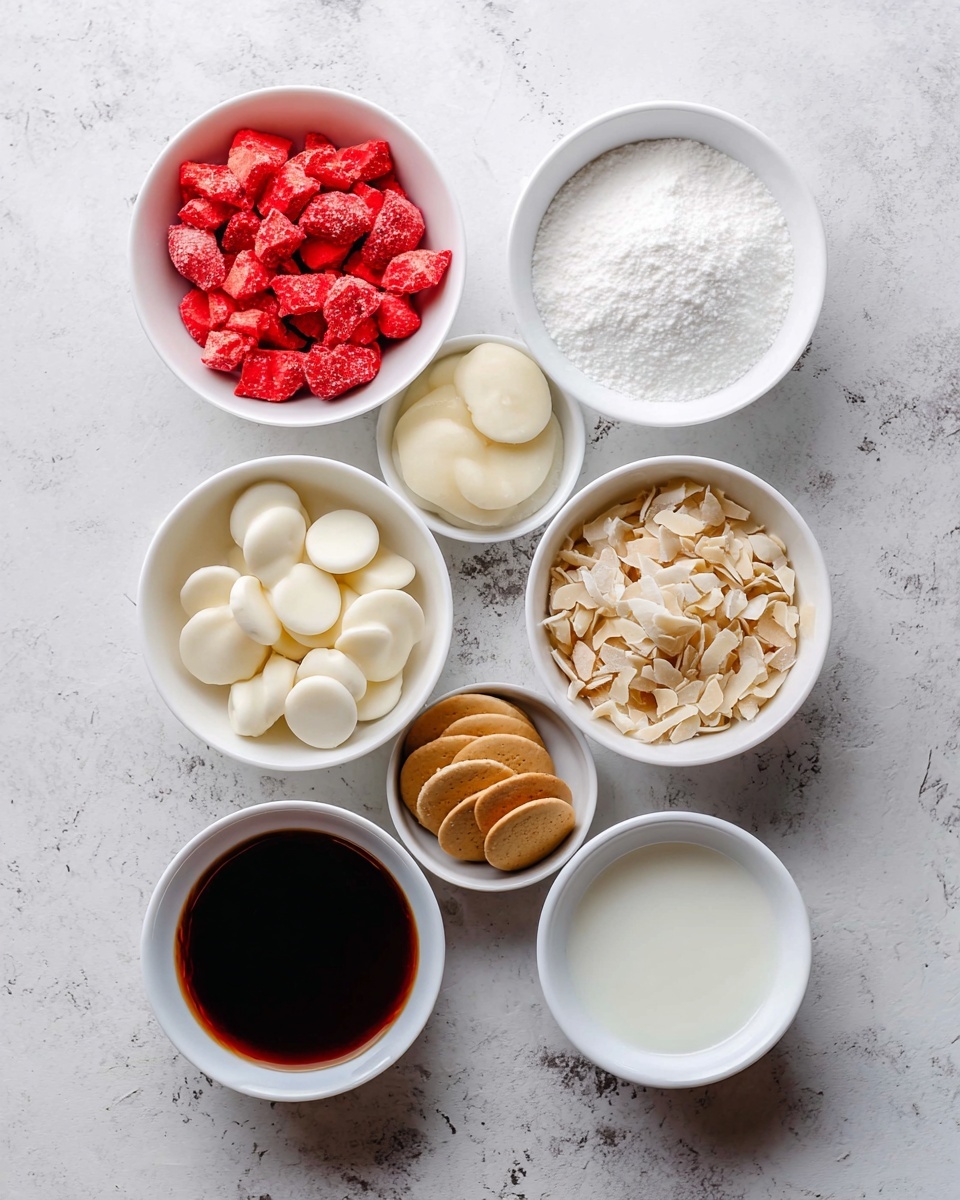 The image shows seven white bowls arranged on a white marbled surface. At the top left, a bowl contains bright red freeze-dried strawberry pieces with a rough texture. Next to it on the right, a bowl is filled with white powdered sugar, appearing soft and fluffy. Below the strawberries, another bowl holds smooth, round white chocolate discs. To its right, a bowl has dark brown vanilla extract, smooth and shiny. Further right, a bowl contains beige crispy rice cereal flakes with a crunchy texture. At the bottom left, a bowl holds small golden brown round vanilla wafer cookies, smooth and solid. Finally, at the bottom right, a small bowl contains white coconut oil with a slightly soft texture. Photo taken with an iphone --ar 4:5 --v 7