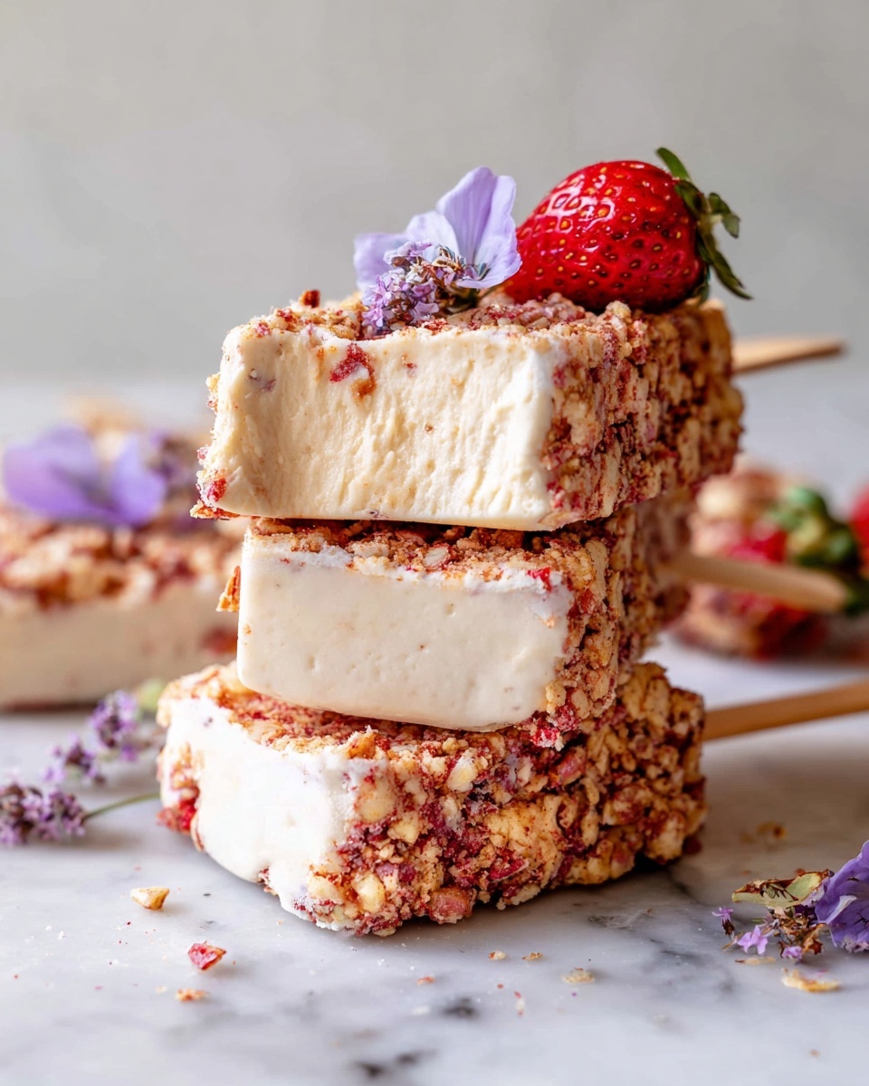 The image shows three stacked ice cream bars on a white marbled surface. Each bar has two layers: the main creamy beige ice cream inside, and a crunchy outer coating covered with small red and light brown crunchy bits. The top ice cream bar is slightly broken, showing the smooth ice cream texture inside. There is a small fresh red strawberry and light purple edible flowers placed on top for decoration. The ice cream bars are held together with wooden sticks. Photo taken with an iphone --ar 4:5 --v 7