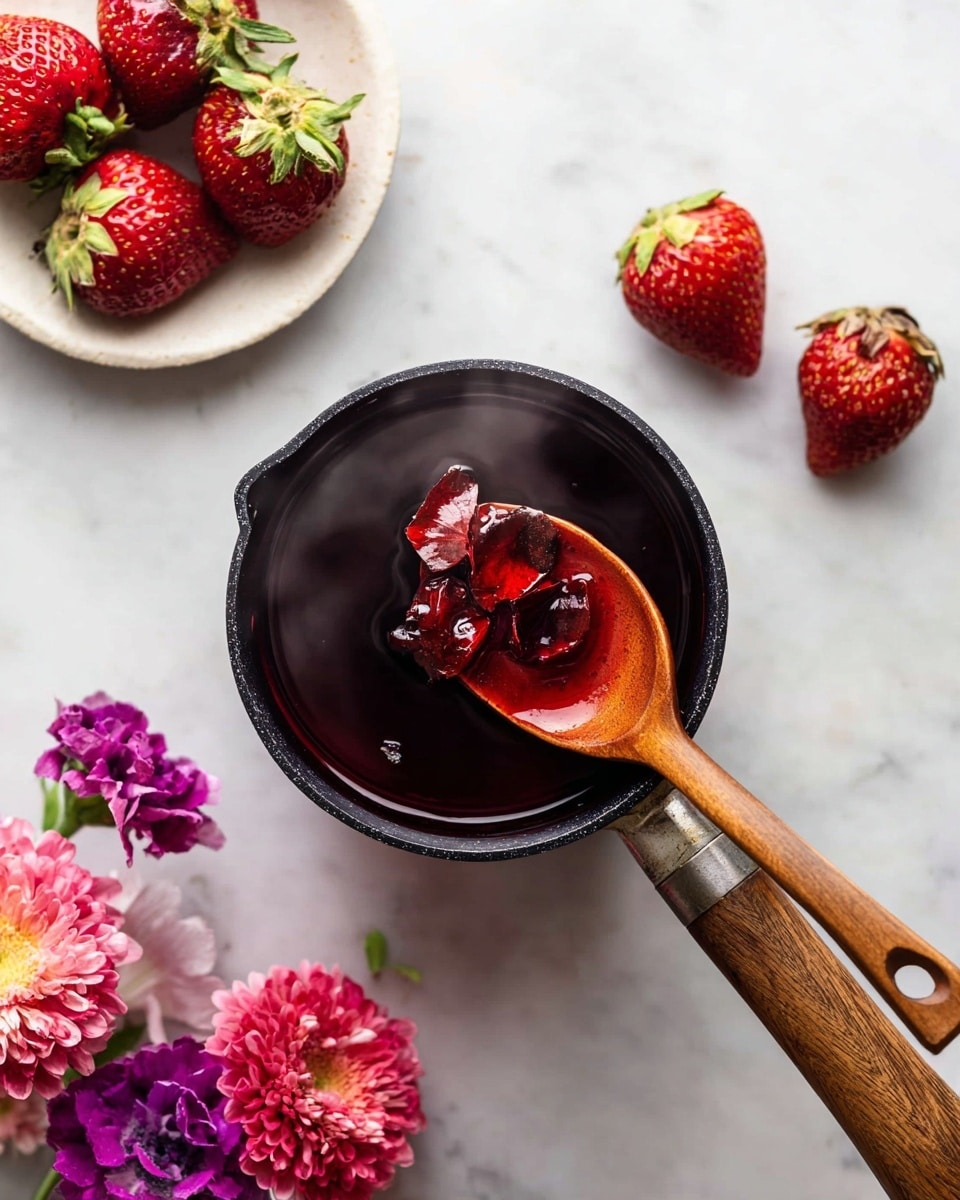A small black pot with a wooden handle holds a dark red liquid, steaming slightly, with a wooden spoon resting over it, holding some thick red pieces of fruit or petals. Surrounding the pot on a white marbled surface are bright red strawberries, three on a small white plate and one directly on the surface. There is a small bunch of vibrant pink and purple flowers in the lower left corner, adding a fresh, colorful touch to the scene. Photo taken with an iphone --ar 4:5 --v 7