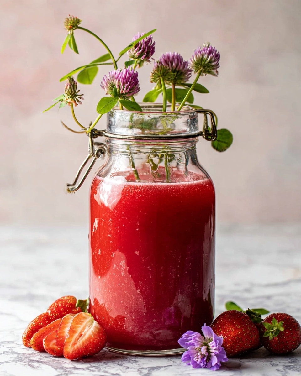 A clear glass jar filled about three-quarters with thick, bright red strawberry juice with a smooth texture and tiny bits floating inside. Inside the jar, some green stems with small leaves and purple clover flowers rise above the liquid, creating a fresh, natural look. Around the base of the jar on a white marbled surface, there are a few whole red strawberries with green tops and some sliced strawberries stacked neatly next to a small purple flower. The jar has a metal clasp on the neck, and the background is soft and blurred, keeping the focus on the jar and strawberries photo taken with an iphone --ar 4:5 --v 7