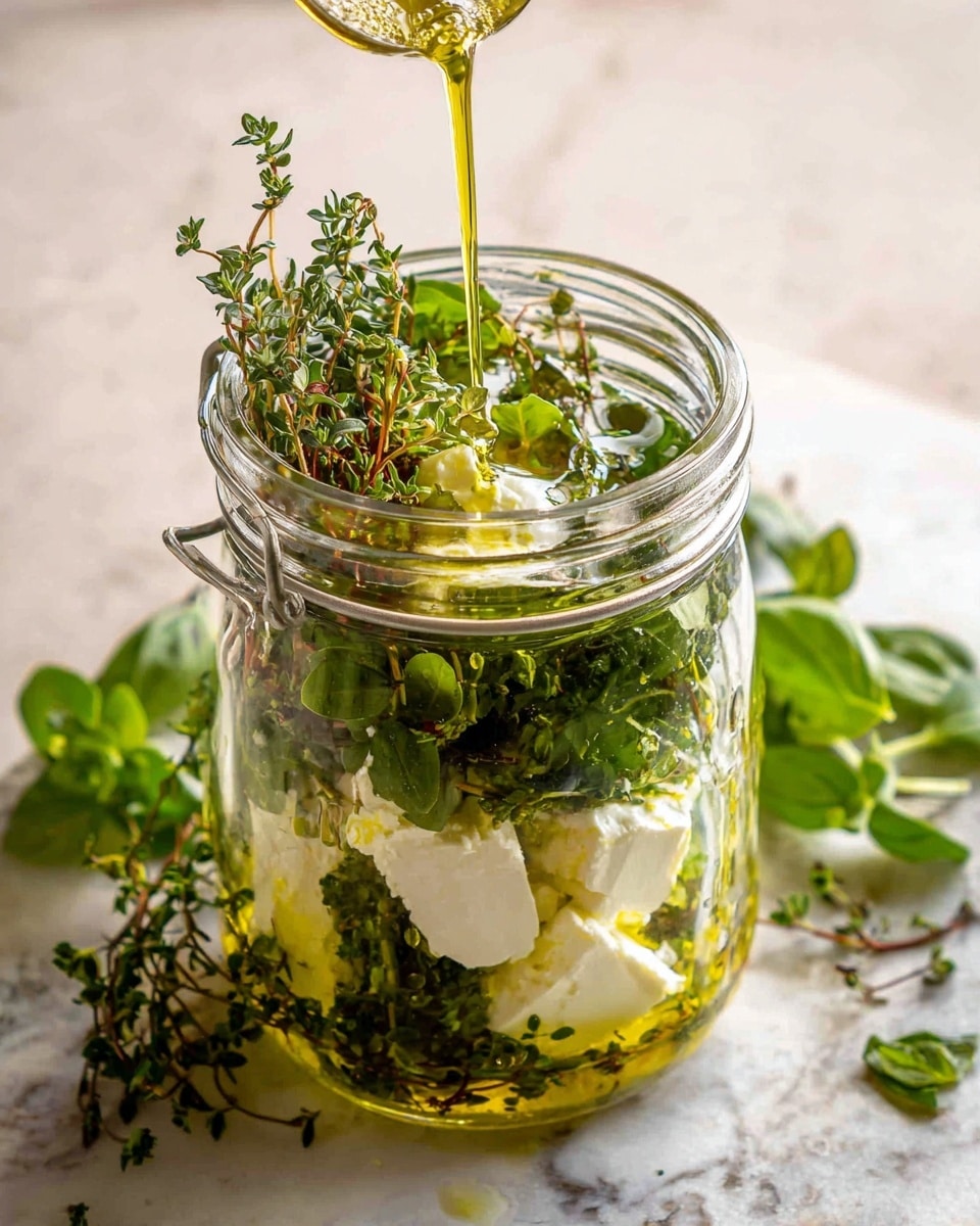 The image shows a glass jar filled with layers of white soft cheese and green fresh herbs like thyme and basil, with golden olive oil being poured over the top. The cheese pieces are smooth and creamy, surrounded by bright green leaves with different textures, some leafy and some small and round. The jar is placed on a white marbled surface, with extra green herbs lying beside it. The light highlights the oil’s shine and the fresh look of the herbs. photo taken with an iphone --ar 4:5 --v 7