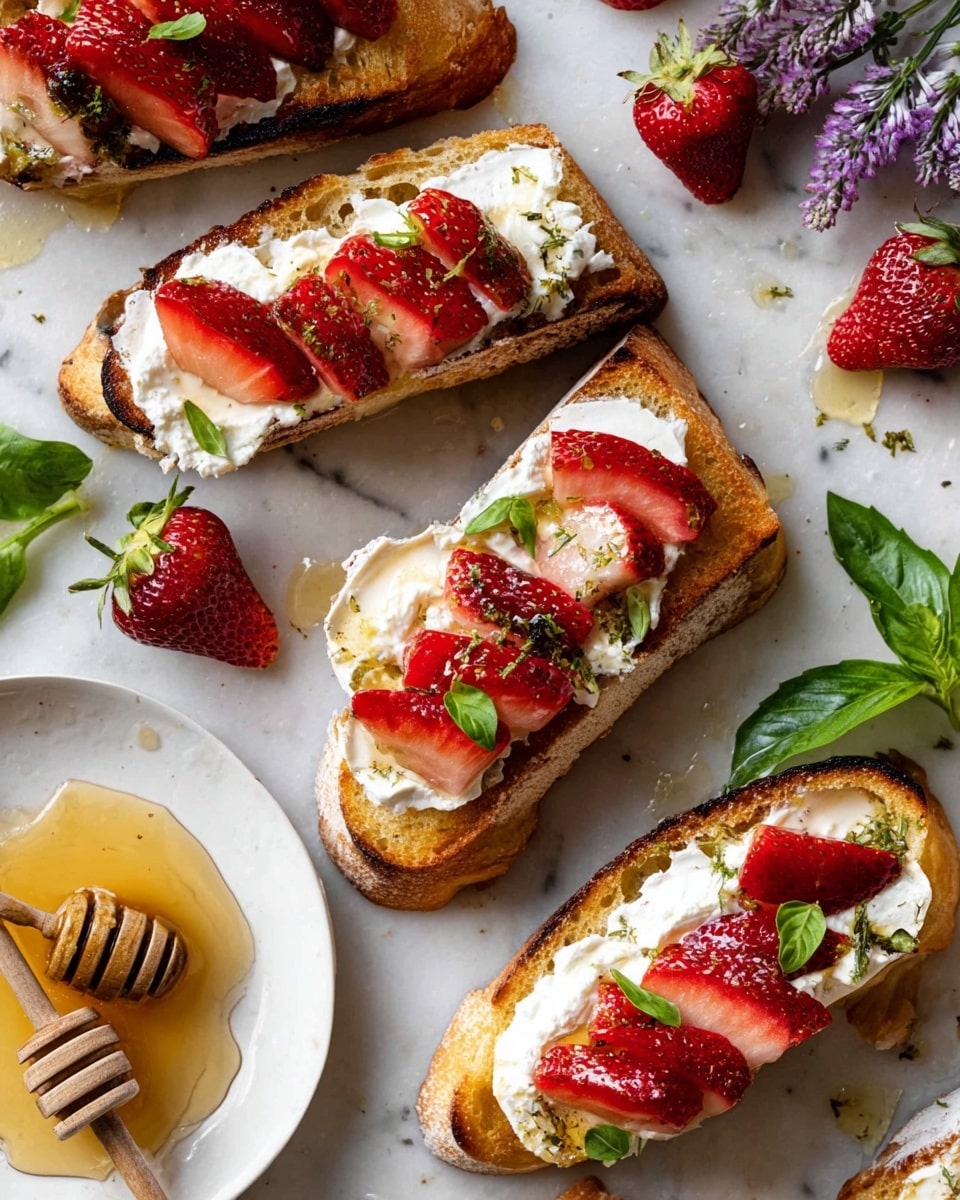 The image shows several slices of toasted baguette with a golden-brown crust on a white marbled surface. Each slice is topped with a thick, uneven layer of white creamy cheese. On top of the cheese, there are bright red, fresh strawberry slices arranged neatly along the length of the bread. Small green leaves of basil or similar herbs are scattered on the cheese and strawberries, adding contrast. In the corner, a white plate holds a piece of honeycomb surrounded by clear golden honey and fresh green herbs with small purple flowers nearby. There are also a few whole and halved strawberries placed casually around the toasts. The photo taken with an iphone --ar 4:5 --v 7