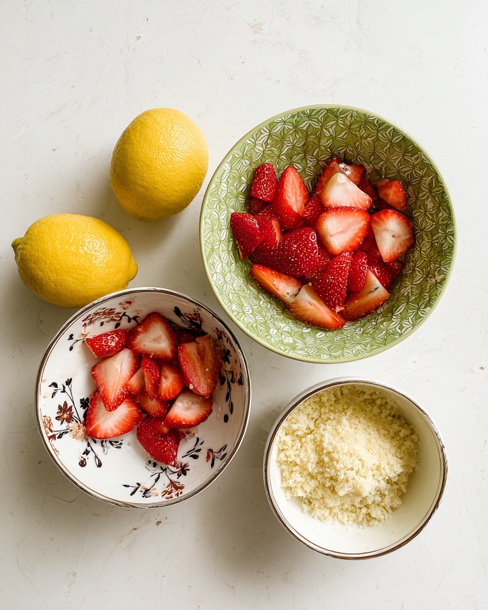 The image shows three bowls and three lemons on a white marbled surface. The two green patterned bowls each contain sliced strawberries, with the bigger bowl holding more slices stacked loosely and the smaller bowl with fewer pieces. The third bowl is white with a black and brown floral design and is filled with what looks like a crumbly pale yellow powder, likely grated cheese or a similar ingredient. The lemons are whole, bright yellow with slightly textured skin, and are placed around the bowls. Photo taken with an iphone --ar 4:5 --v 7