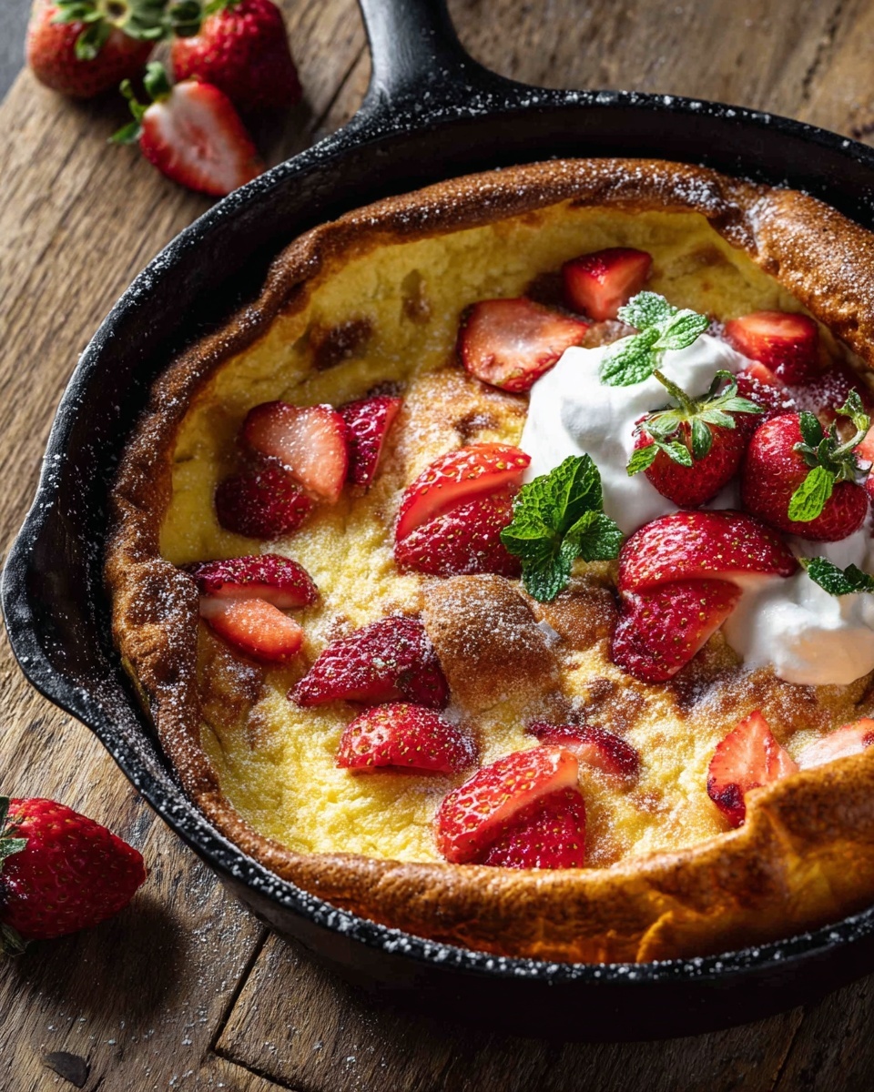 A round baked dish in a black cast iron pan with thick, puffed golden-brown edges and a soft, yellow, slightly browned center. The top layer has scattered red strawberry slices with green caps, and some whole strawberries. There is a dollop of white cream or yogurt on one side topped with strawberries and green leaves. The pan sits on a wooden surface with a few strawberry halves nearby. The photo taken with an iphone --ar 4:5 --v 7