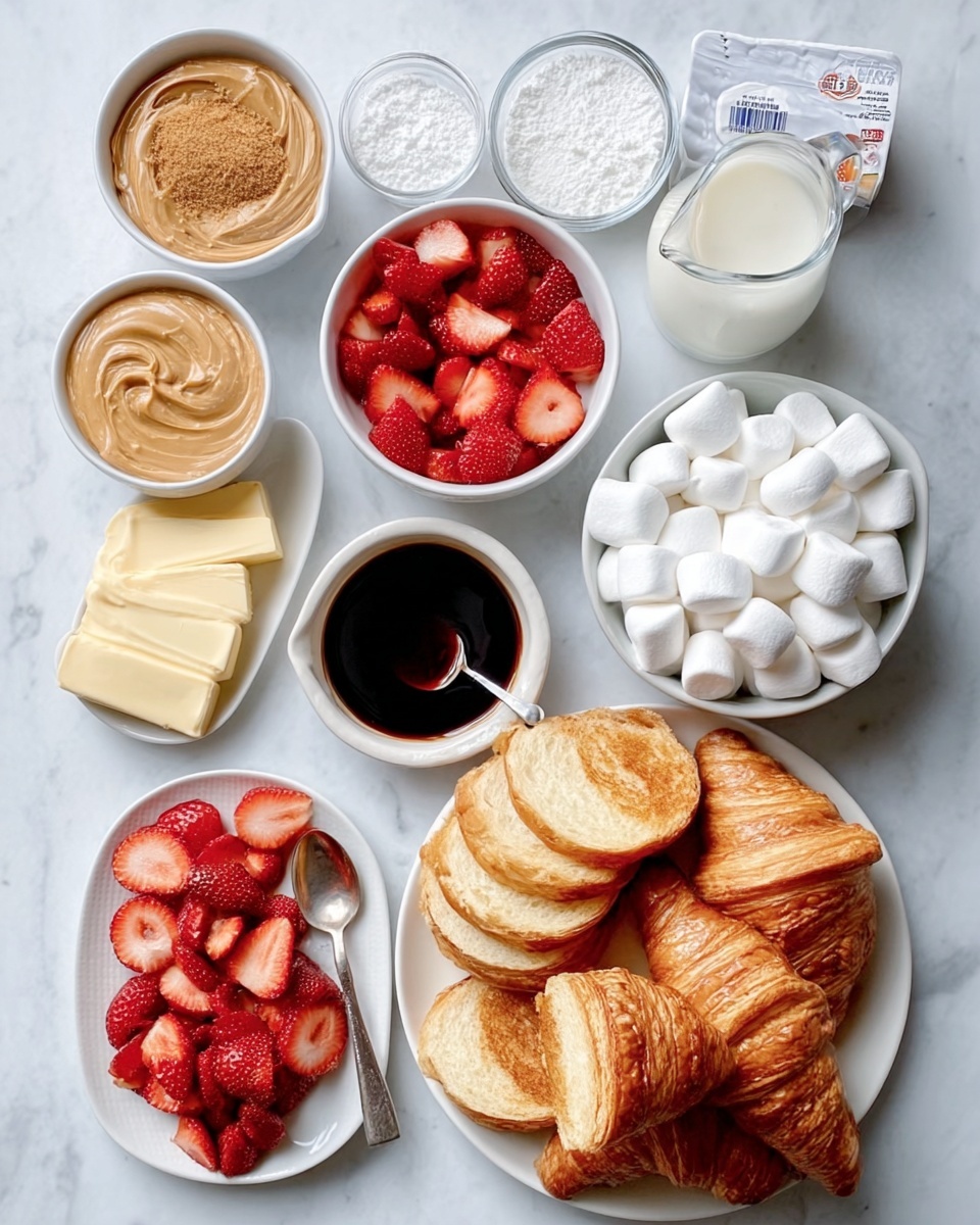 The image shows a white marbled surface with several small white bowls and plates arranged neatly. There are two white bowls with brown sugar and creamy peanut butter, a small white plate with dark soy sauce, a white bowl filled with sliced red strawberries, and another white bowl with a white powder that looks like powdered sugar. Nearby, a white bowl contains a creamy white substance, and a white plate holds several large white marshmallows. A stack of golden brown croissants and sliced baguette pieces is placed on the bottom right, and a small pile of pale yellow butter slices is on the left. A silver pack of butter and a white pitcher of milk are also included. A silver spoon rests in the bowl with the strawberry slices. Photo taken with an iphone --ar 4:5 --v 7