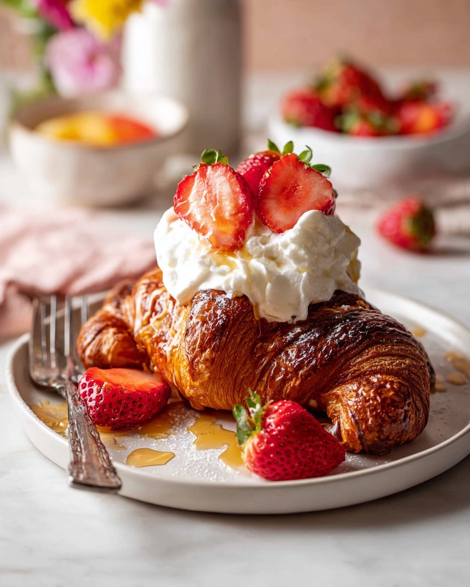 On a round white plate sits a golden brown croissant with a shiny, slightly crisp surface. On top of the croissant, there is a thick dollop of creamy white whipped cream. Surrounding the cream are three bright red strawberry halves, with fresh green stems on some pieces, adding vibrant color. More strawberry halves are scattered around the croissant on the plate, with golden syrup drizzled over and pooling near the base of the croissant. To the left of the plate, a silver fork rests partially on the edge of the plate. The setting is on a white marbled surface with soft natural light and a blurred background including light pink tones and a white bowl filled with fruit. Photo taken with an iphone --ar 4:5 --v 7
