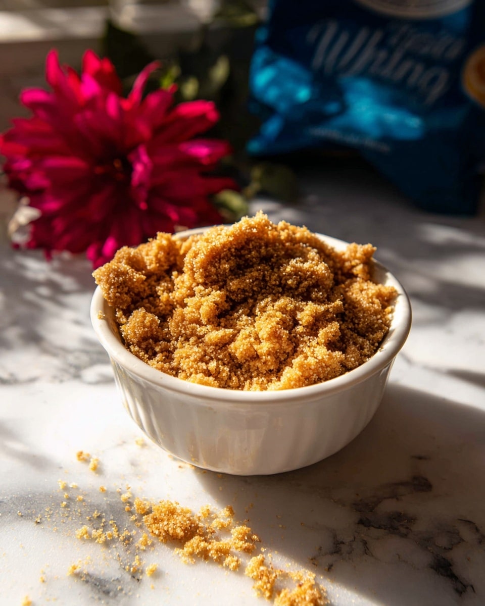 A white bowl filled with a crumbly, golden brown textured dish that looks soft and moist, with some crumbs spilling out onto the white marbled surface beneath. The bowl is placed in bright sunlight, casting shadows and highlighting the texture of the dish. Behind the bowl, there is a blurred blue bag and a bright pink-red flower, adding color contrast to the warm tones of the dish and the white marbled surface. photo taken with an iphone --ar 4:5 --v 7