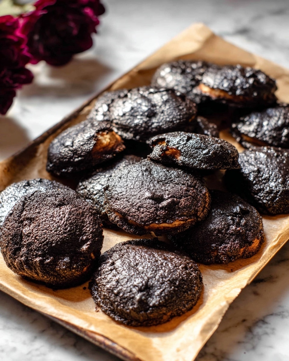 The image shows a tray filled with many dark, burnt cookies that are very unevenly shaped, with a rough and cracked texture on top. The cookies are baked closely together on a brown parchment paper, with some joined at the edges. The burnt tops of the cookies are shiny and almost black, while the edges show some lighter golden-brown colors. The tray is placed on a white marbled surface, and there are blurred dark red flowers in the background. photo taken with an iphone --ar 4:5 --v 7