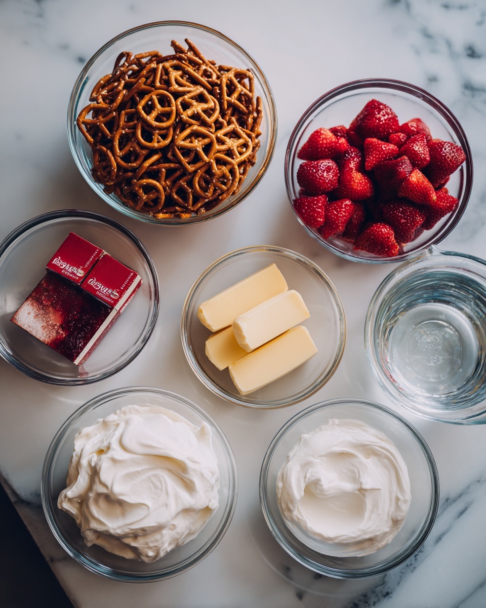 The image shows seven clear glass bowls arranged on a white marbled surface, each holding different ingredients. One bowl is filled with chopped pretzels that are light brown and crunchy looking. Another bowl contains frozen whole strawberries, deep red with a frosty texture. A bowl with two yellow butter slices is placed near the pretzels. There is a small bowl of white granulated sugar next to two small red boxes of strawberry Jell-O. Two additional bowls hold creamy white substances, one with smooth cream cheese and the other with thick whipped cream. Finally, a clear Pyrex measuring cup with water completes the ingredients on the white marbled surface. Photo taken with an iphone --ar 4:5 --v 7