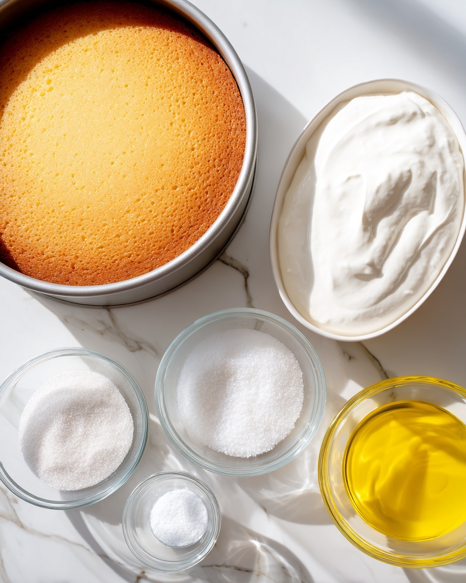 On a white marbled surface, there is a golden-brown round cake in a metal pan positioned on the left, with a smooth top and slightly darker edges. To its right, there is an oval container filled with white cream that has a soft texture and some small air holes on the surface. Below the cream, a clear glass bowl is filled with white granulated sugar, next to it is a smaller glass bowl containing a bright yellow liquid, likely egg whites. At the bottom left, two tiny glass bowls hold white powders, one slightly larger than the other. On the right side, there is a larger clear glass bowl covered partially with cling film. The image is bright with natural light, photo taken with an iphone --ar 4:5 --v 7