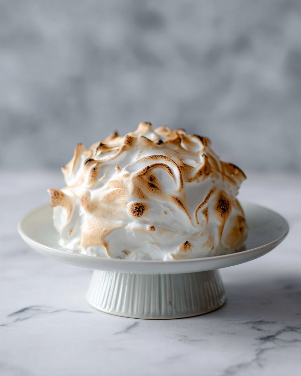 The image shows a round dessert with a white, fluffy, and toasted meringue layer on top, creating soft peaks and swirls browned in golden spots. The meringue mound sits on a smooth white plate with a ridged base. The plate is placed on a surface with a white marbled texture, and the background is blurred with a soft gray tone. The dessert looks light and airy with its unevenly toasted, textured surface. photo taken with an iphone --ar 4:5 --v 7
