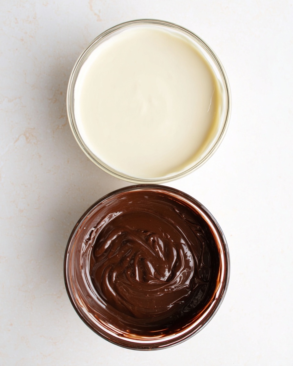 Two clear glass bowls sit on a white marbled surface, one above the other. The top bowl is filled with smooth, creamy white sauce, creating a soft, glossy surface. The bottom bowl contains rich, dark brown melted chocolate with a shiny texture and slight swirls on top. Both bowls are simple and round, showing a neat and clean presentation. photo taken with an iphone --ar 4:5 --v 7