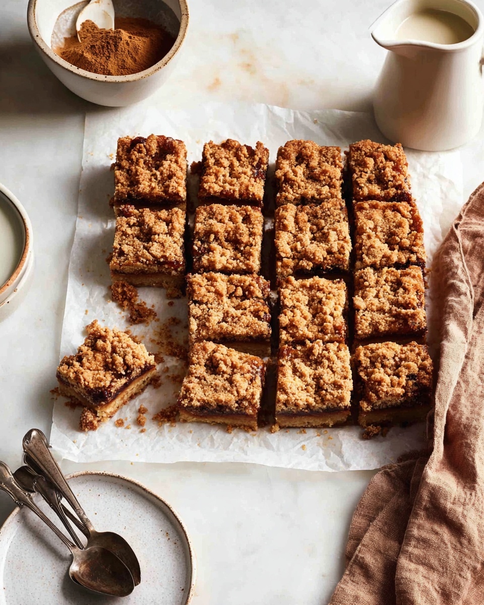 A batch of 15 crumbly square bars with a rough and crunchy golden-brown top layer rests on white parchment paper, showing uneven texture and some darker toasted spots. The bars show two visible layers: a denser, softer-looking base, and a thick crumb topping with uneven clumps. To the upper left, there is a small bowl with brown powder and a spoon resting inside, while a white jug of cream sits nearby. Bottom left includes a white round plate holding two vintage silver spoons crossed on top. A soft brown cloth is casually placed on the right side, all set on a white marbled surface. photo taken with an iphone --ar 4:5 --v 7