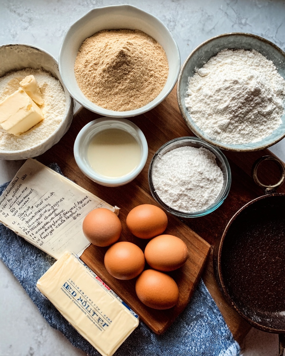 The image shows several ingredients arranged on a wooden table with a white and blue cloth nearby, all placed on a white marbled surface. There are two white bowls filled with light brown and white powders, one small white bowl with a creamy liquid, another small white bowl with a white powder, and a clear glass bowl with white flour. Four brown eggs are arranged in front of the bowls next to two sticks of wrapped salted butter. A handwritten note with a recipe is placed near the eggs, and a round, dark metal pan sits on the right side. A woman's hand is not visible in the image. Photo taken with an iphone --ar 4:5 --v 7