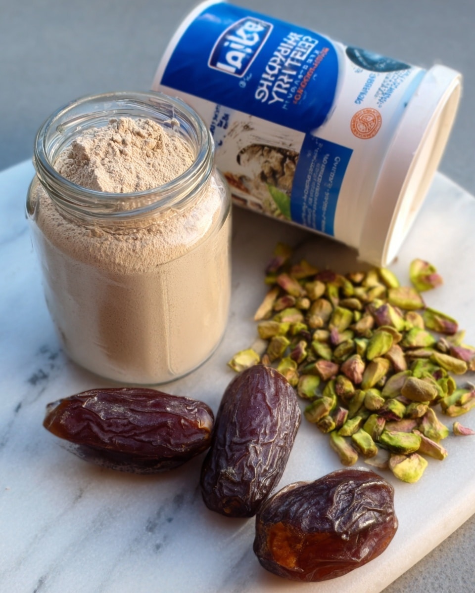 The image shows three main items on a white marbled surface: a jar filled with light brown powder on the left, a container of Jalna Greek style yogurt with a blue and white label behind the powder, and a small pile of greenish-brown pistachio nuts on the right. In the foreground, there are two dark brown dates, one whole and one split open revealing its inside. The colors are natural and earthy, with a bright background and soft shadows. photo taken with an iphone --ar 4:5 --v 7