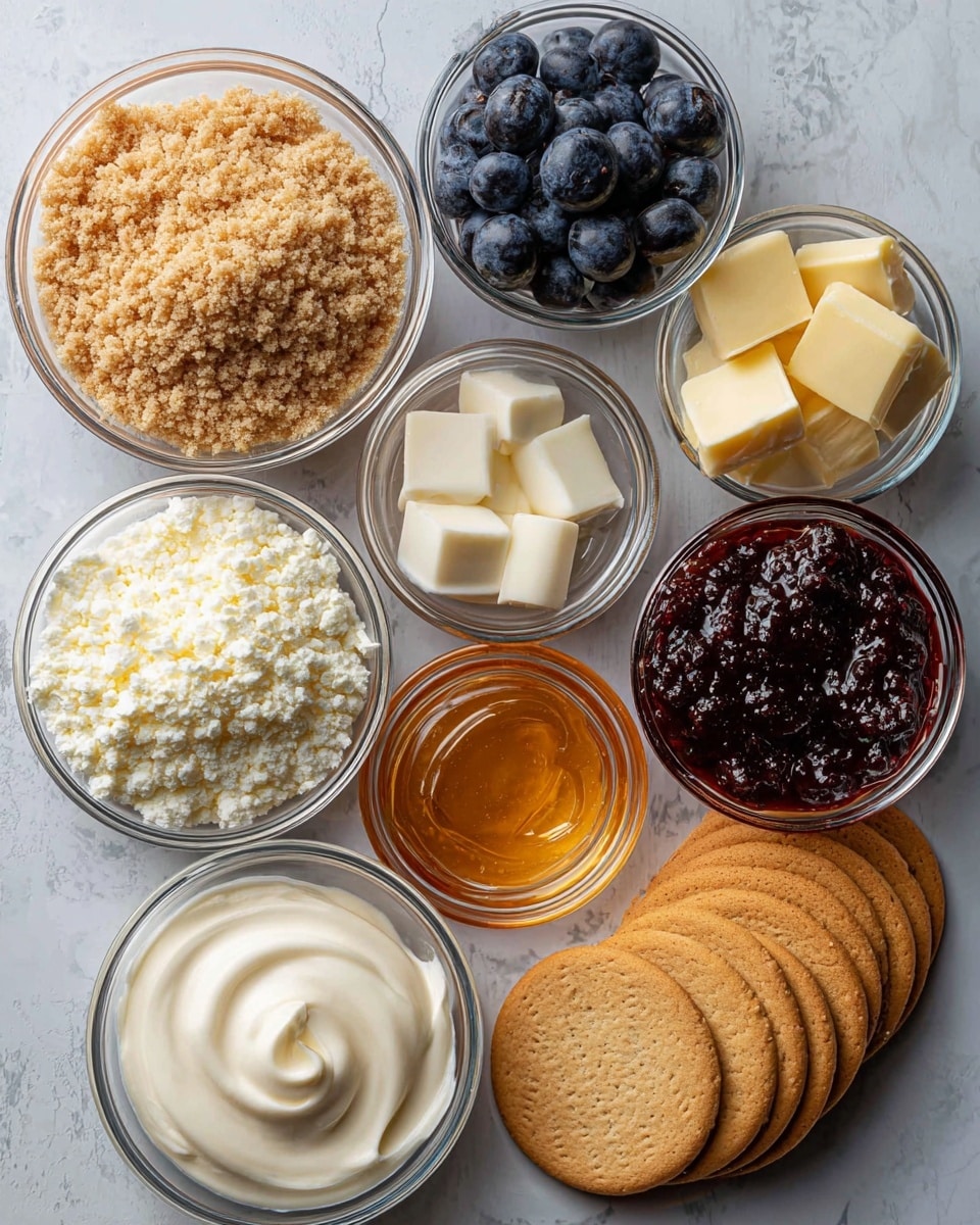 The image shows eight small clear glass bowls arranged neatly on a white marbled surface, each filled with different ingredients. Starting from the top left, there is a bowl of light brown crumbly mixture, followed by a bowl of fresh dark blue blueberries, and a bowl with several pale yellow cubes. In the middle row, there is a bowl of white crumbly texture, next to a bowl of dark red chunky jam, and a small bowl of golden honey in the center. In the bottom row, there is a bowl of smooth white cream and four light brown round cookies arranged overlapping on the right side. The photo taken with an iphone --ar 4:5 --v 7