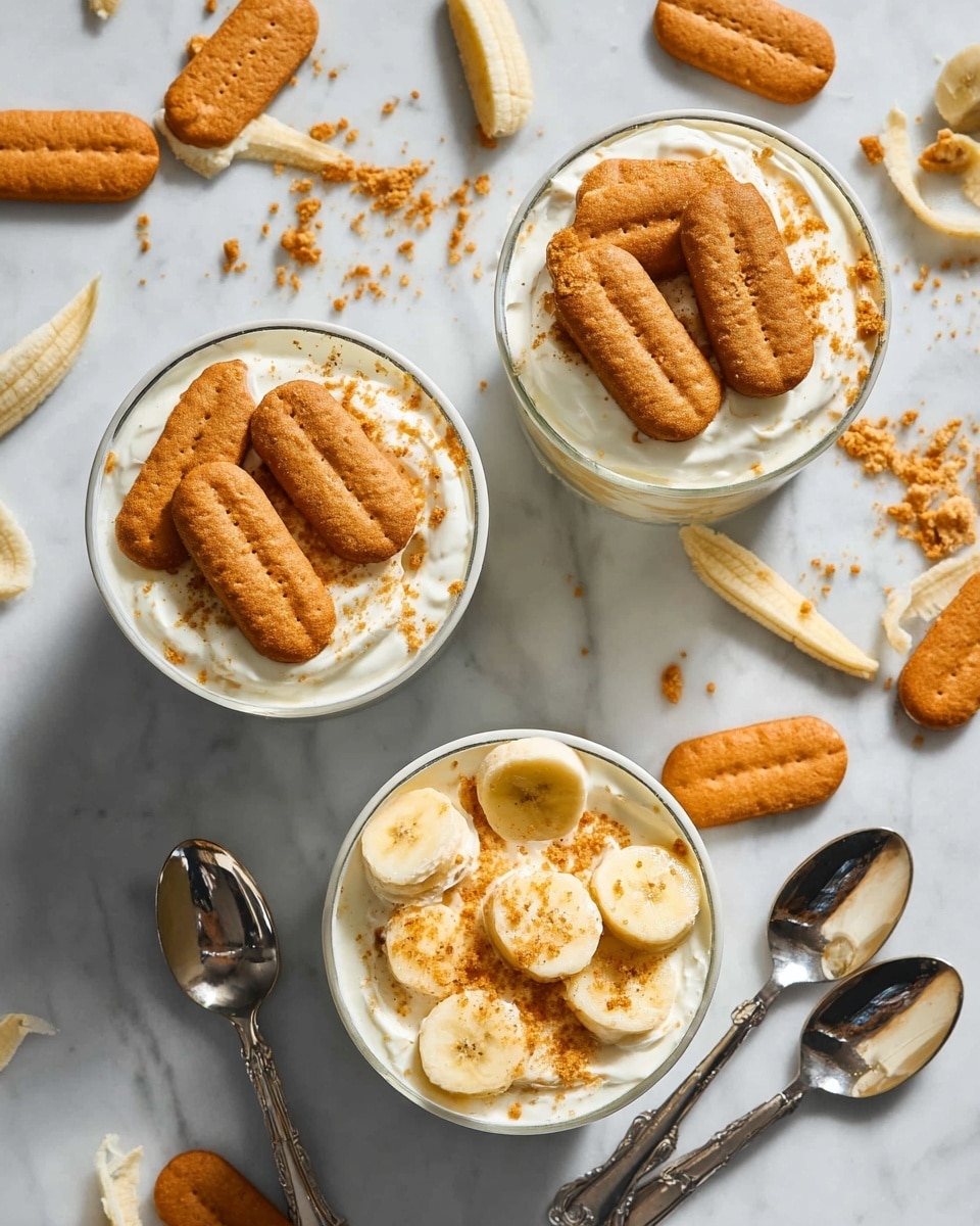 Three white bowls filled with a creamy, white layer topped with golden brown biscuits arranged neatly on the surface in two of them, and golden brown biscuits mixed with light yellow banana slices in the third bowl. The bowls sit on a white marbled surface scattered with whole and partial biscuits and some banana peel on the side. Three shiny metal spoons lie near the bowls. Photo taken with an iphone --ar 4:5 --v 7