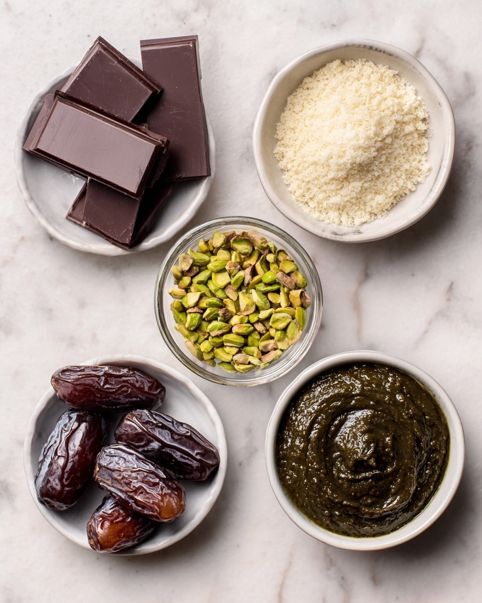 The image shows five small white dishes arranged on a white marbled surface. The top left dish has several dark brown chocolate squares with a smooth texture and sharp edges. The top right dish contains a pale, crumbly powder resembling coconut flakes. In the center, there is a small bowl filled with shelled green pistachios. The bottom left dish holds several large, shiny, dark brown dates piled together. The bottom right bowl contains a thick, smooth dark green paste with a glossy surface. Photo taken with an iphone --ar 4:5 --v 7