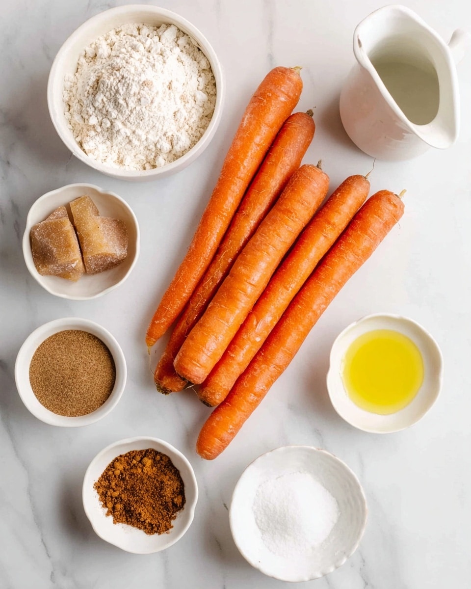 The image shows five whole orange carrots placed side by side on a white marbled surface in the center. Around them are small white bowls containing different ingredients: flour in a large bowl at the top left, brown sugar in a bowl at the bottom right, yellow oil in a bowl at the bottom left, white baking powder and baking soda in a small bowl to the right, two brown spices in a small bowl at the left, and a white ceramic pitcher at the top right, all arranged neatly around the carrots. photo taken with an iphone --ar 4:5 --v 7
