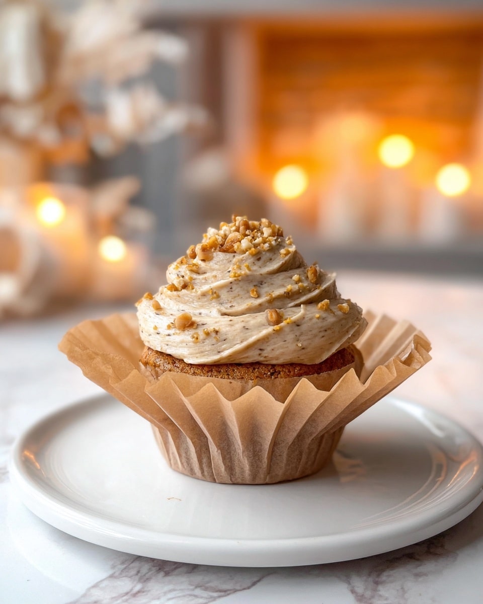 A single cupcake sits in the center of a white plate on a white marbled surface. It has a brown paper wrapper with folds that stretch outwards, holding a light brown cake base. On top, there is a thick swirl of creamy frosting in a beige shade with visible specks, finished with small pieces of chopped nuts scattered over the frosting. In the background, there is a softly glowing fireplace with blurred lit candles creating a warm and cozy atmosphere. Photo taken with an iphone --ar 4:5 --v 7