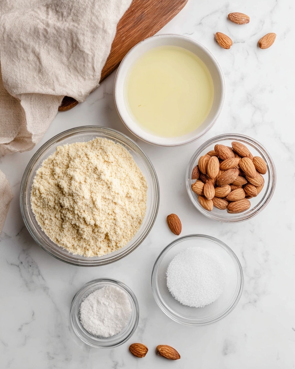 A top-down view of six clear and white containers with different ingredients arranged on a white marbled surface. The largest bowl on the lower left holds a heap of light beige almond flour with a fine, grainy texture. To its right, a white bowl contains a pale yellow liquid that looks smooth and slightly frothy. Above this, a small clear bowl is filled with whole light brown almonds, some loose almonds scattered nearby. In the center, a small empty clear bowl sits between the almonds and the almond flour. Near the bottom right, a white ramekin holds fine white granulated sugar, and in front of it, a small clear bowl contains white powdered sugar with a soft powdery texture. A beige linen cloth is partially visible in the top left corner, and a wooden board is partially shown in the upper right corner. photo taken with an iphone --ar 4:5 --v 7