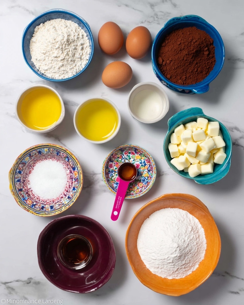 A top view of different baking ingredients arranged neatly on a white marbled surface. There are two brown eggs in the center, surrounded by eight containers of various shapes and colors holding the ingredients. Starting from the top left and moving clockwise, there is a blue bowl with white flour, a blue bowl with brown cocoa powder, a small white bowl with a clear liquid, a white bowl with yellow oil, a pink measuring spoon with white salt, a small colorful floral plate filled with white white chocolate chips, a colorful round plate with white sugar, and an orange bowl with white powdered sugar. In the middle below the eggs, there is a dark purple plate with brown vanilla extract. Photo taken with an iphone --ar 4:5 --v 7