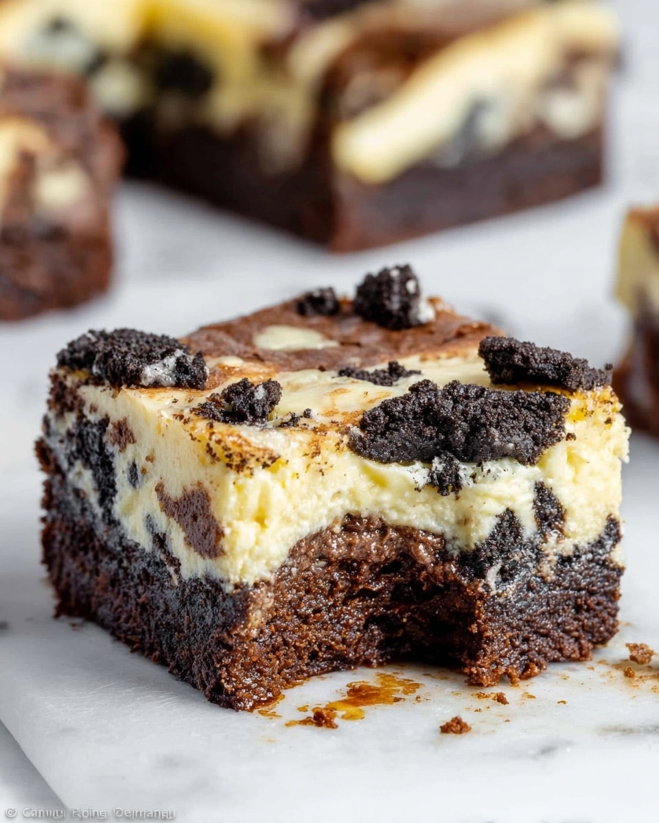 A close-up of a square brownie with three visible layers: a bottom thick dark brown chocolate layer with white chunks, a middle creamy light layer with dark cookie pieces mixed inside, and a top thin layer of light yellowish cream with black cookie bits scattered on top. The brownie has a bite taken out from one corner, showing the moist and soft texture inside. It sits on a white marbled surface with some crumbs and slight syrup around it. In the background, there is a blurred larger piece of the same brownie. photo taken with an iphone --ar 4:5 --v 7