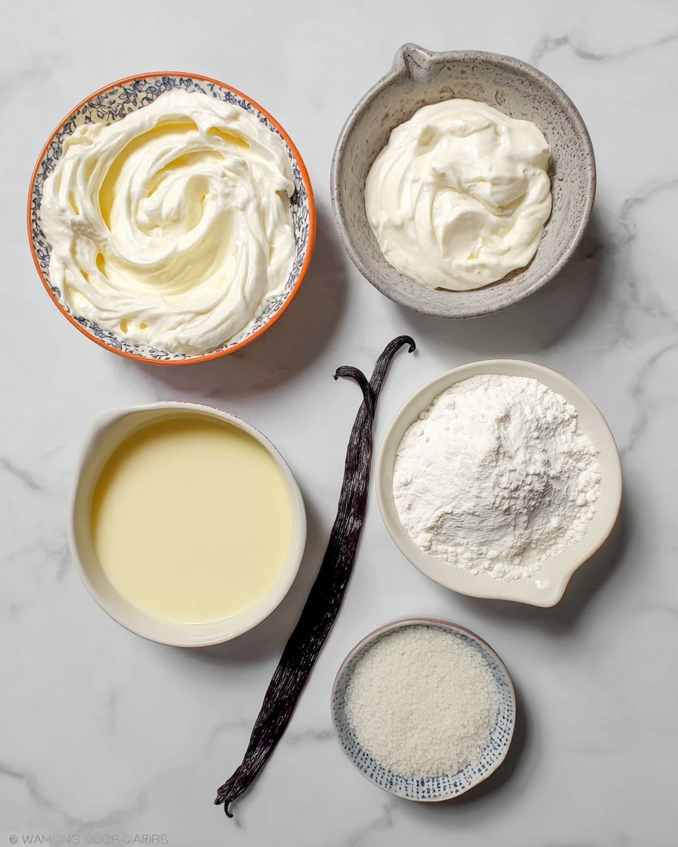 Five white bowls with different creamy and powdery ingredients are arranged on a white marbled surface. At the top left, a bowl holds a thick, white cream with soft swirls. To its right, another bowl contains a smoother white cream. Below them, a larger bowl is filled with a pale yellow liquid. To the right, a smaller bowl has a white powder piled high, and next to it, a small bowl of fine white granules sits near the bottom. A single long black vanilla bean pod is placed diagonally across the middle. Photo taken with an iphone --ar 4:5 --v 7