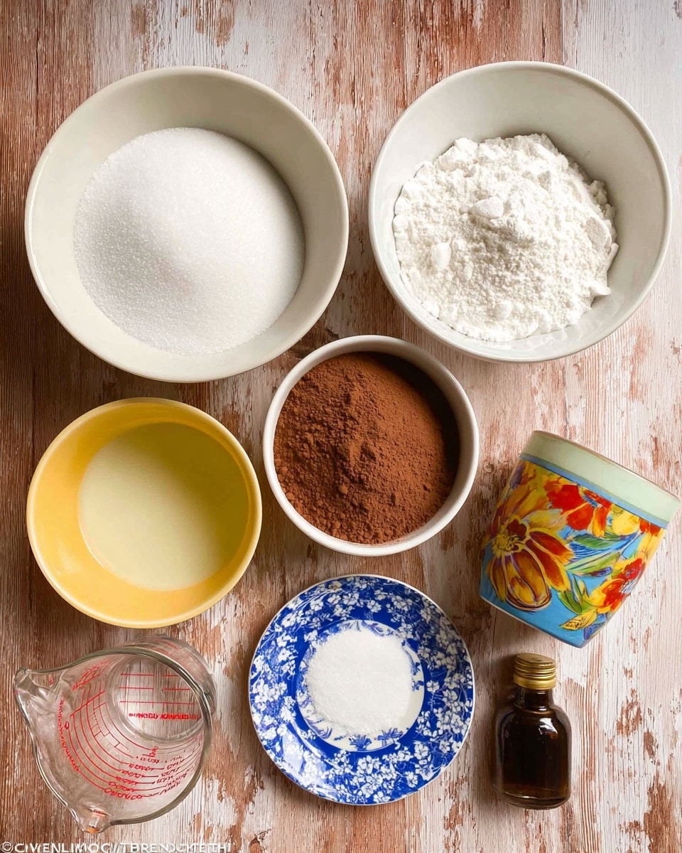 The image shows seven containers arranged on a wooden surface with a white marbled texture changed in editing. At the top center is a white bowl filled with white granulated sugar. To its right is another white bowl filled with white flour. Below the sugar bowl, a small white bowl holds light brown cocoa powder. To the left of the cocoa powder is a small yellow and white bowl with clear liquid inside. To the left of it is a colorful cup with a bright floral pattern filled with a pale yellow substance. In the middle near the bottom, there is a blue and white patterned plate holding a small pile of white salt and a dark brown bottle of vanilla extract. On the bottom left, a glass measuring cup contains clear liquid with red measurement marks. Photo taken with an iphone --ar 4:5 --v 7